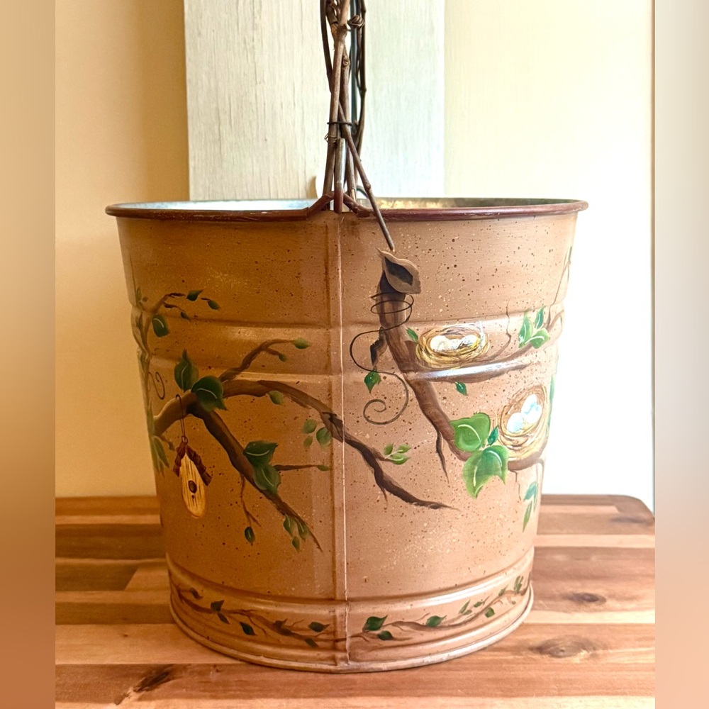 Charming Cottagecore Hand Painted Birds, Vines, Nests Galvanized Metal Bucket - Picture 9 of 10